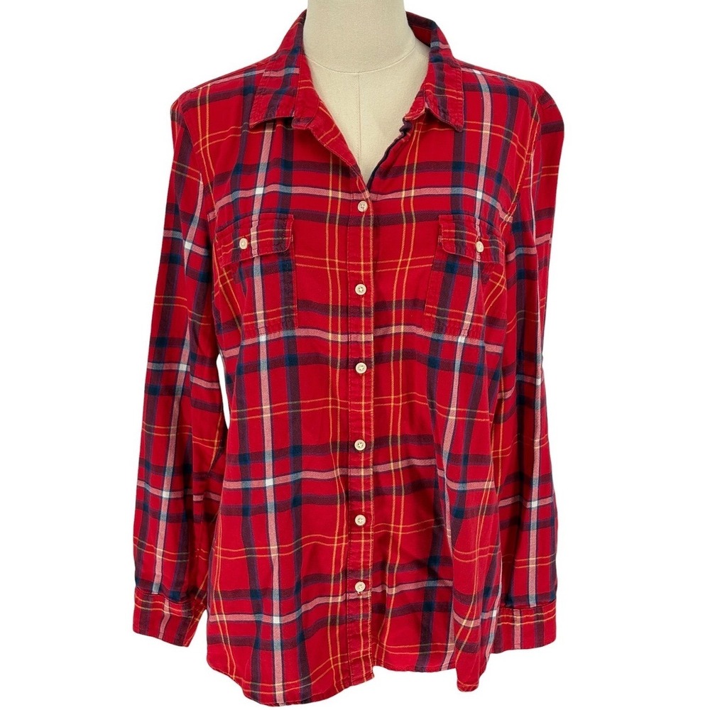 Old Navy Flannel Shirt Red Multi Plaid 100% Cotton Large
